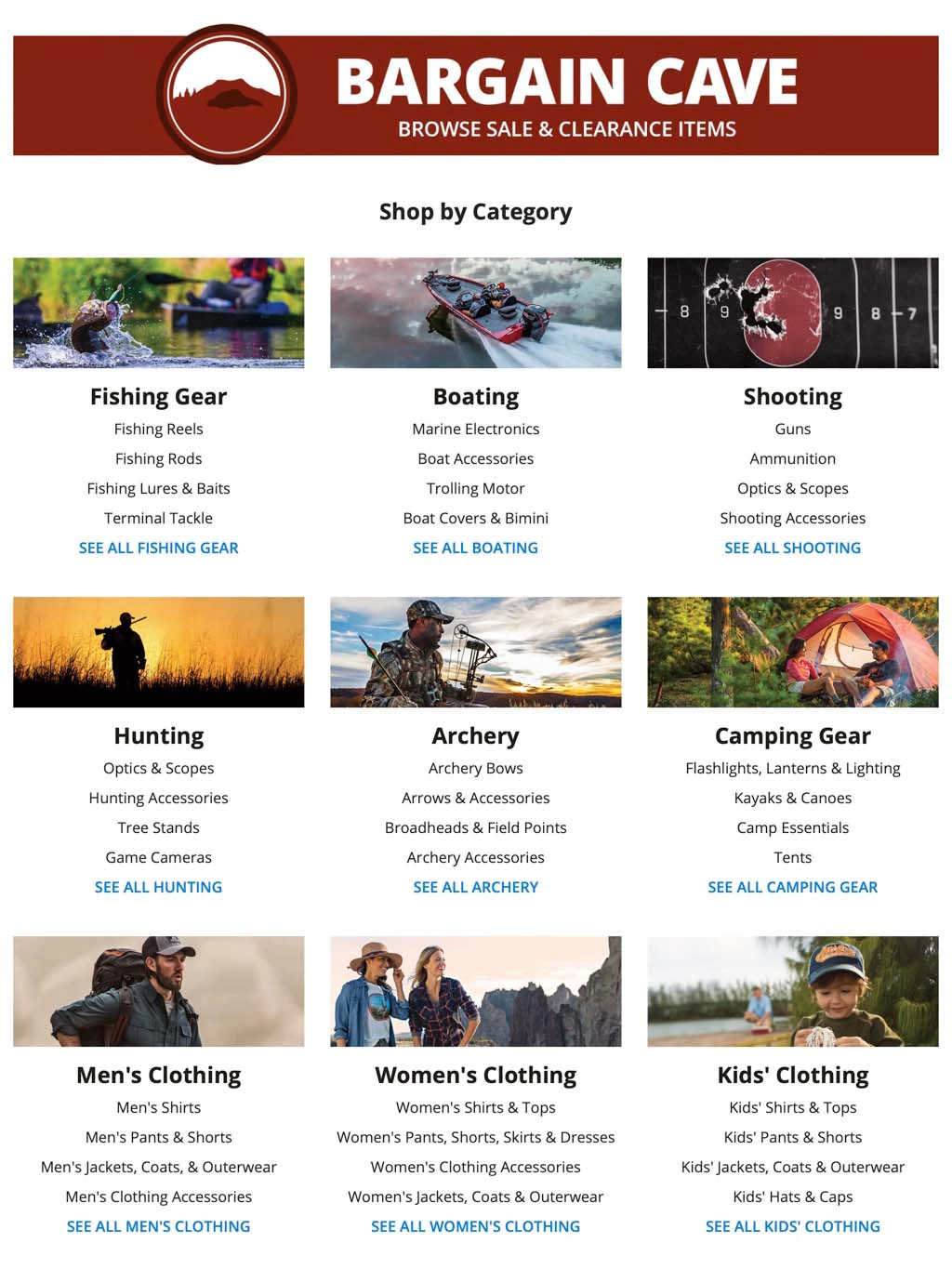Bargain Cave shop-by-category landing page