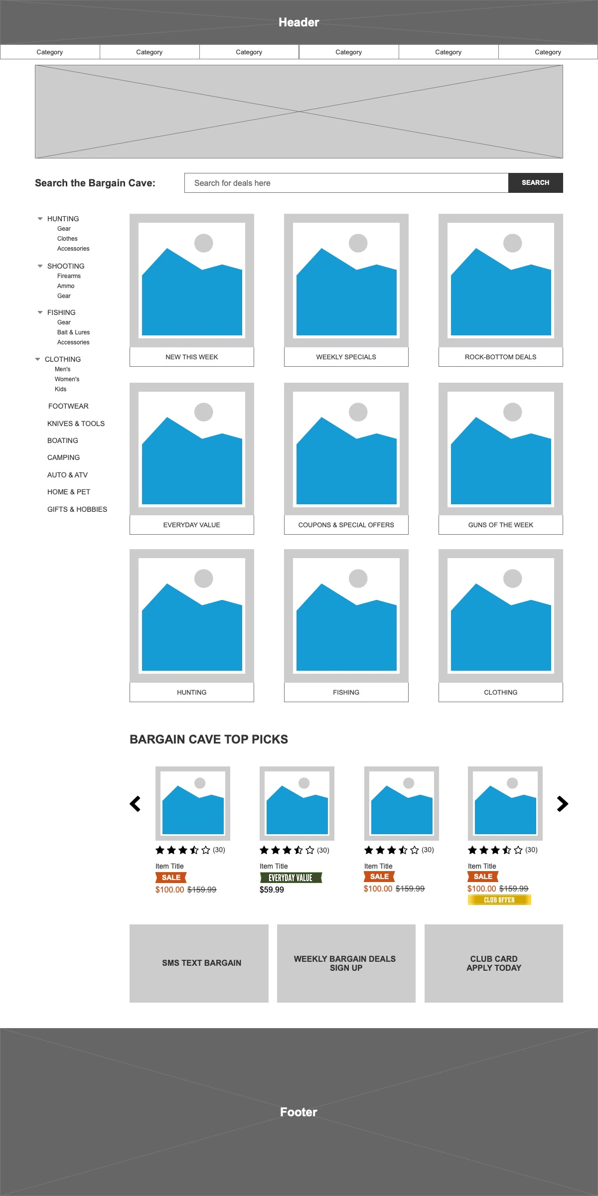 Wireframe: landing page with categories