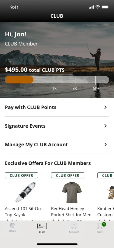 App home for a CLUB member showing their points balance