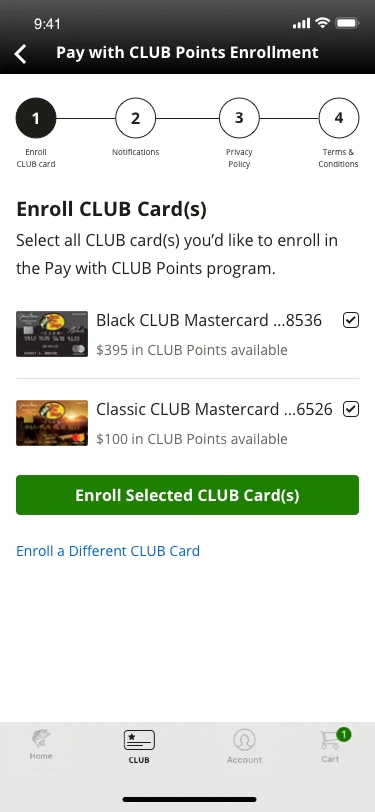 Enroll CLUB cards: select cards