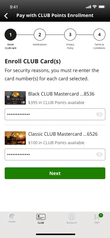 Enter card numbers
