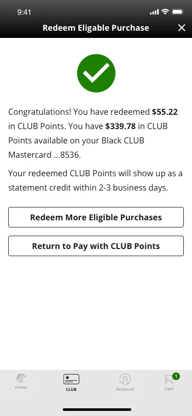 Points redeemed confirmation
