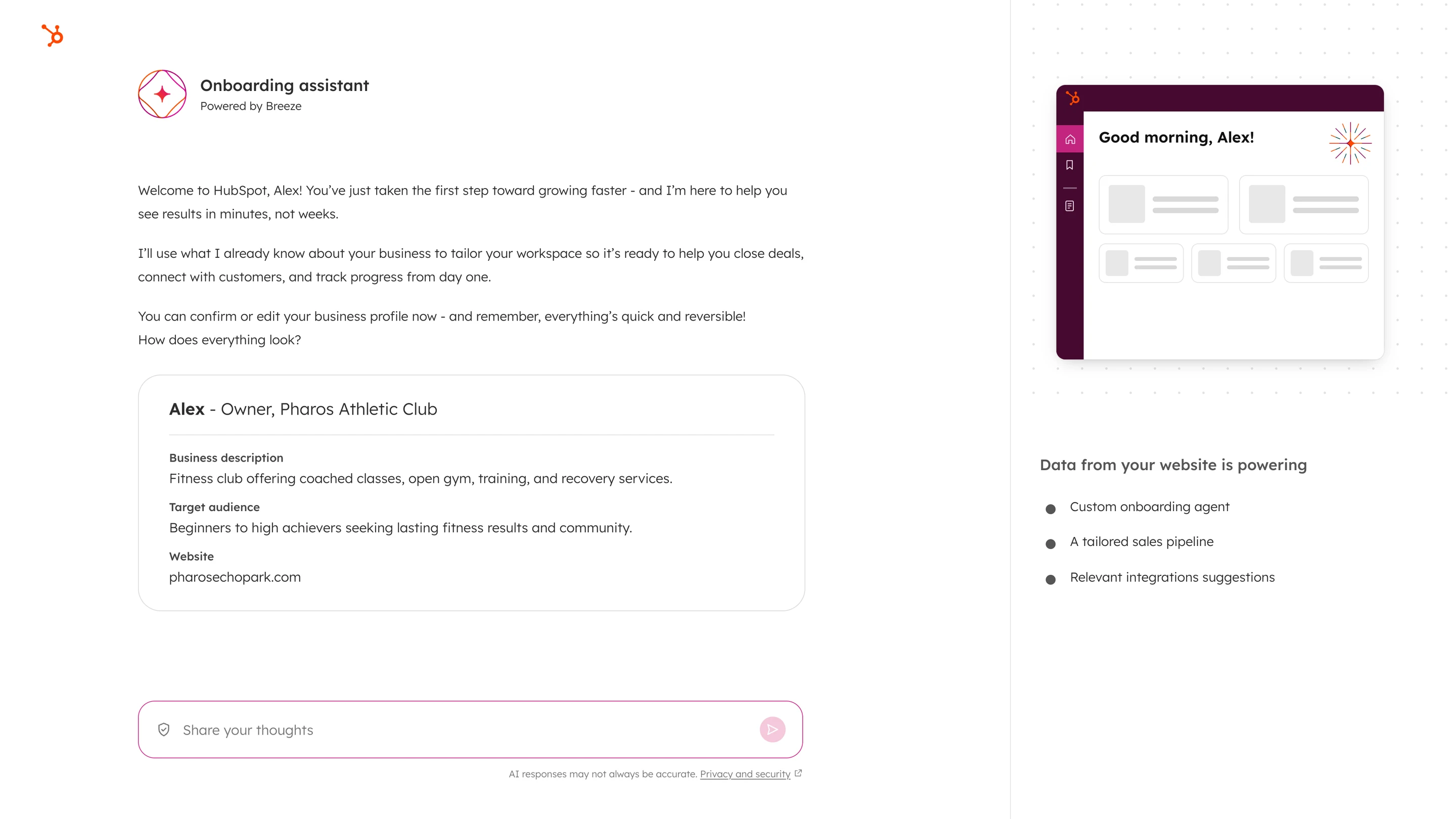 Onboarding assistant welcome screen: greets Alex and shows the Pharos Athletic Club profile to confirm