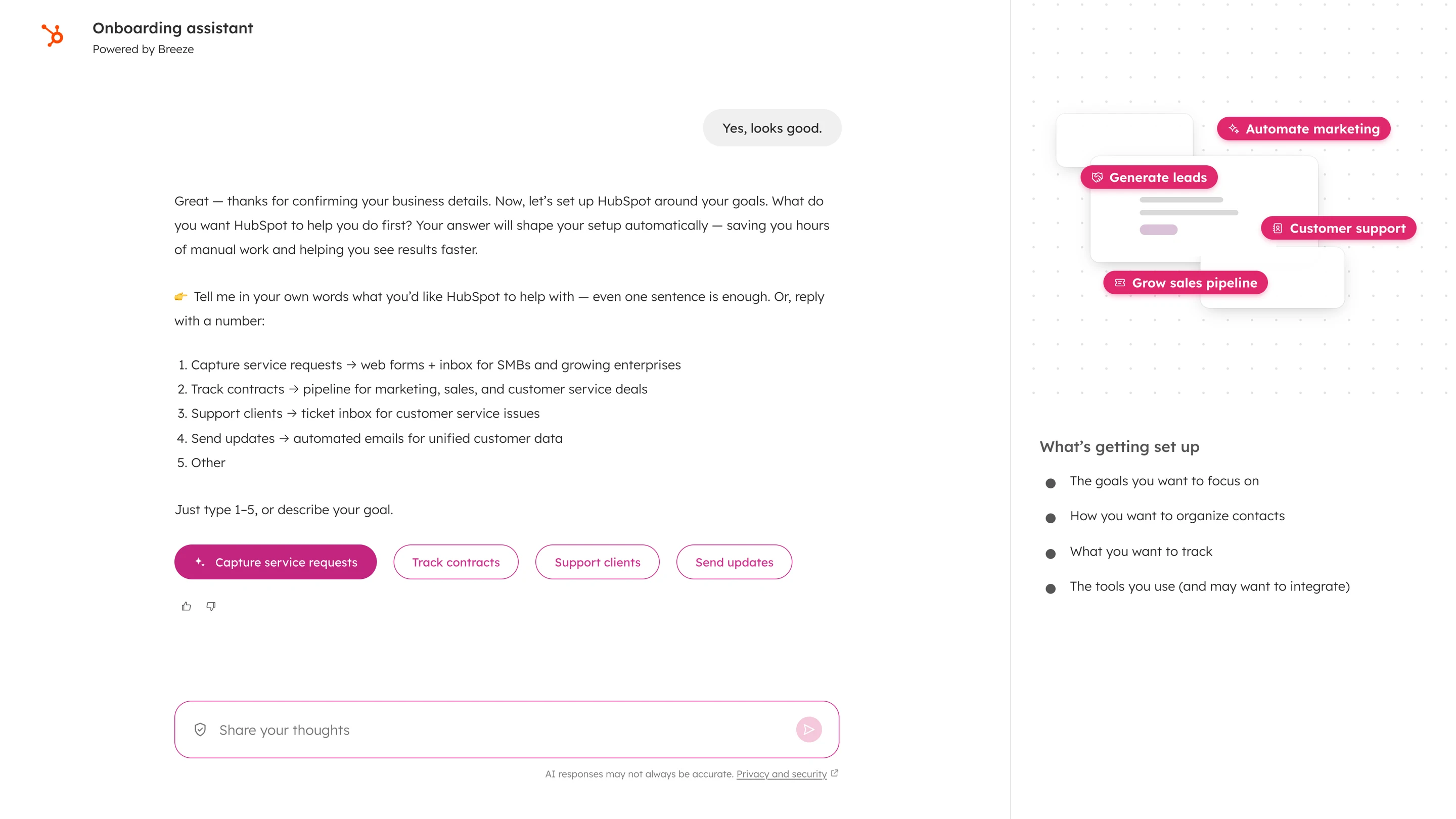Onboarding assistant goal question with numbered options and quick replies