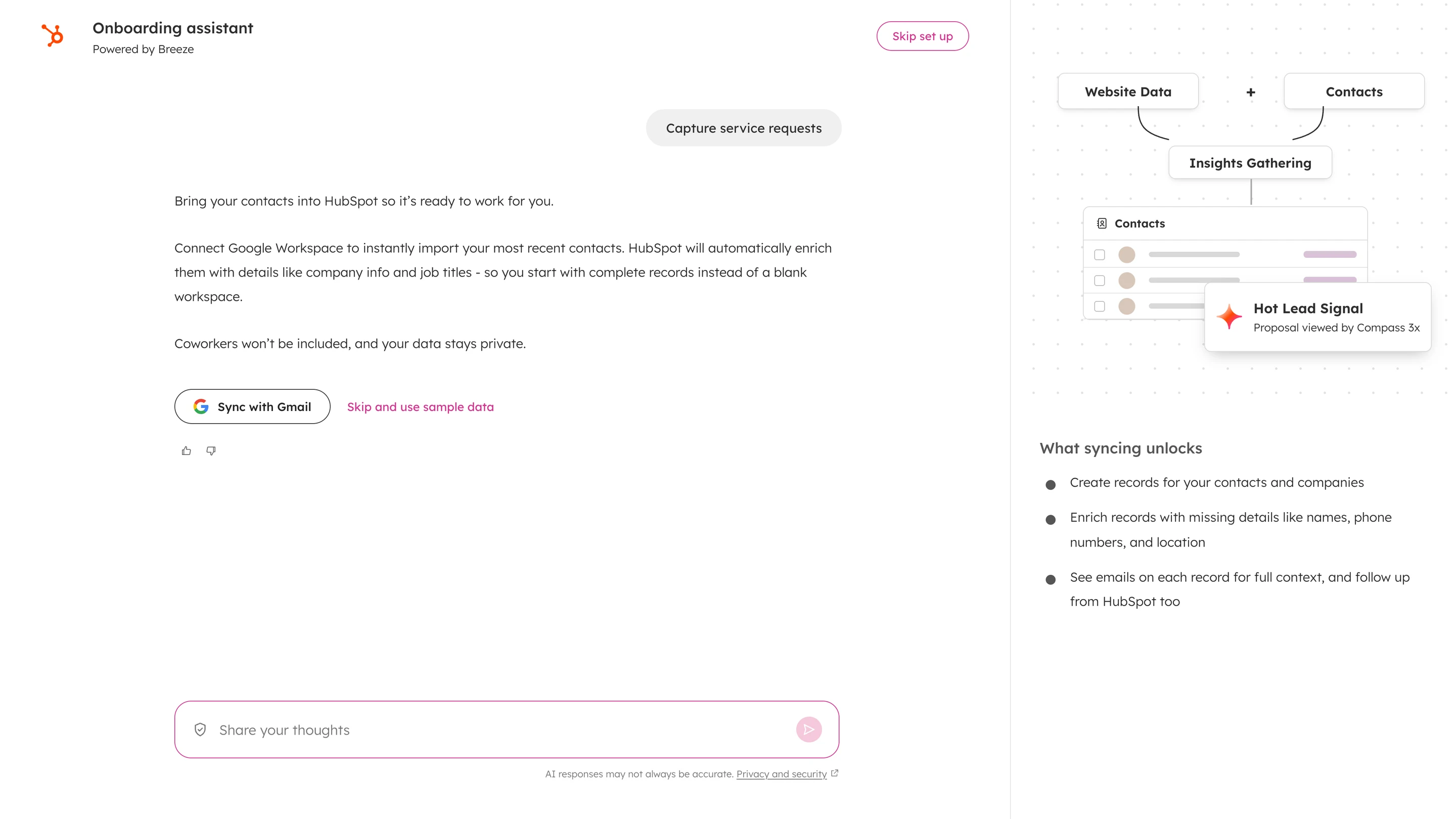 Onboarding assistant asking to sync Gmail, with a skip option and a diagram of what syncing unlocks