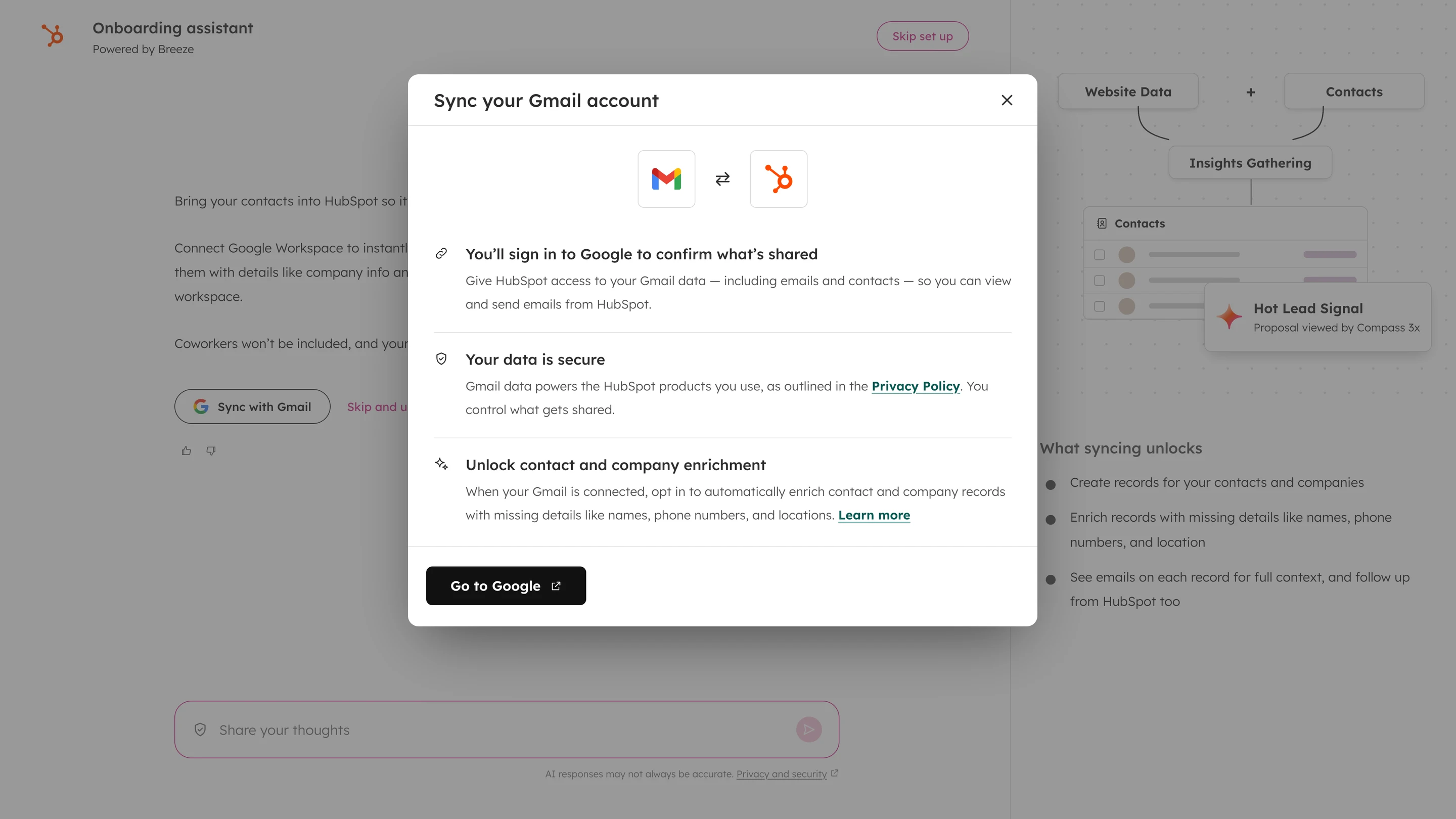 The Sync your Gmail account dialog explaining sign-in, data security, and enrichment
