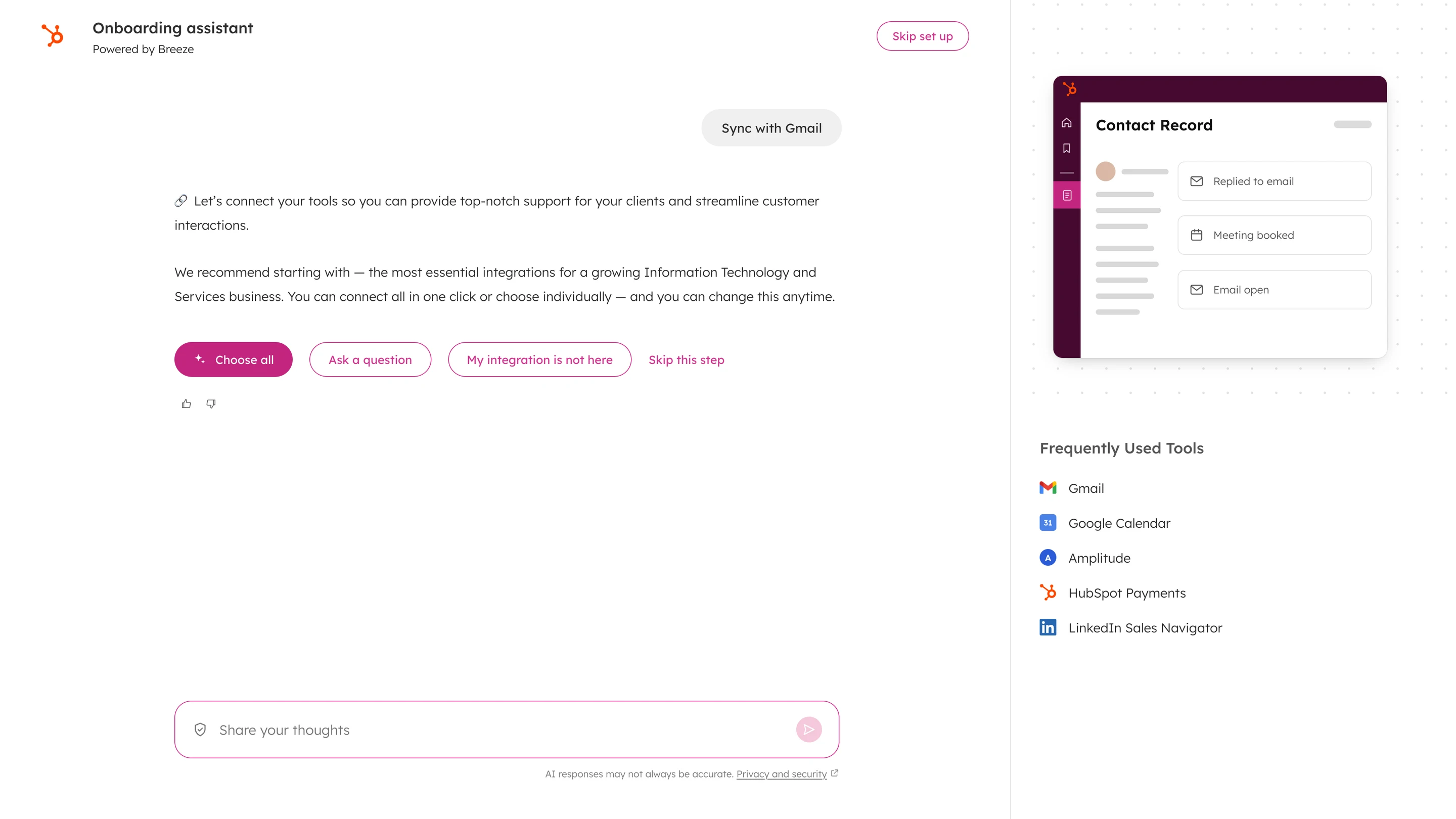 Onboarding assistant recommending tools to connect, with a list of frequently used tools