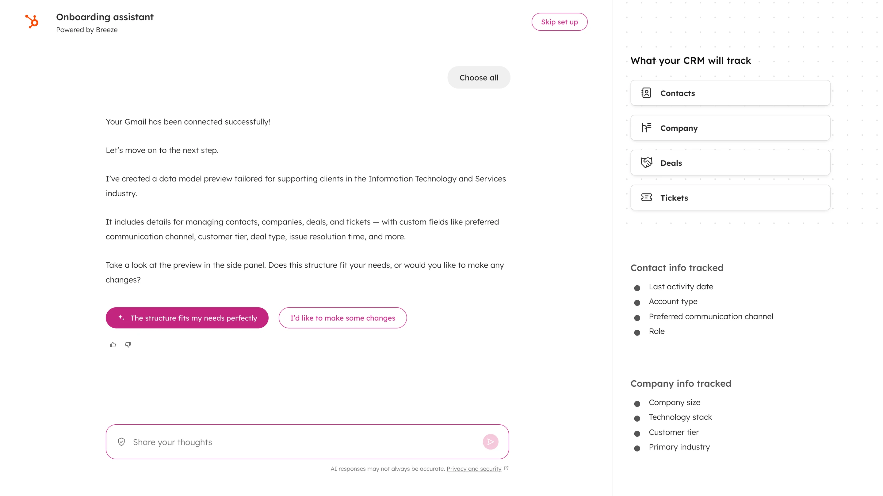 Onboarding assistant showing a preview of the CRM data model: contacts, company, deals, and tickets