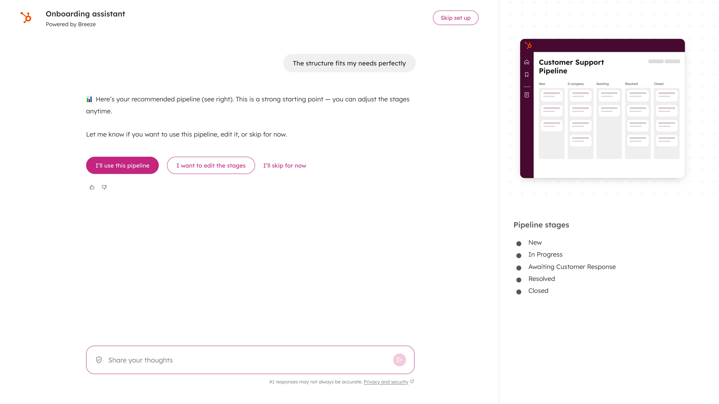 Onboarding assistant recommending a customer support pipeline with five stages