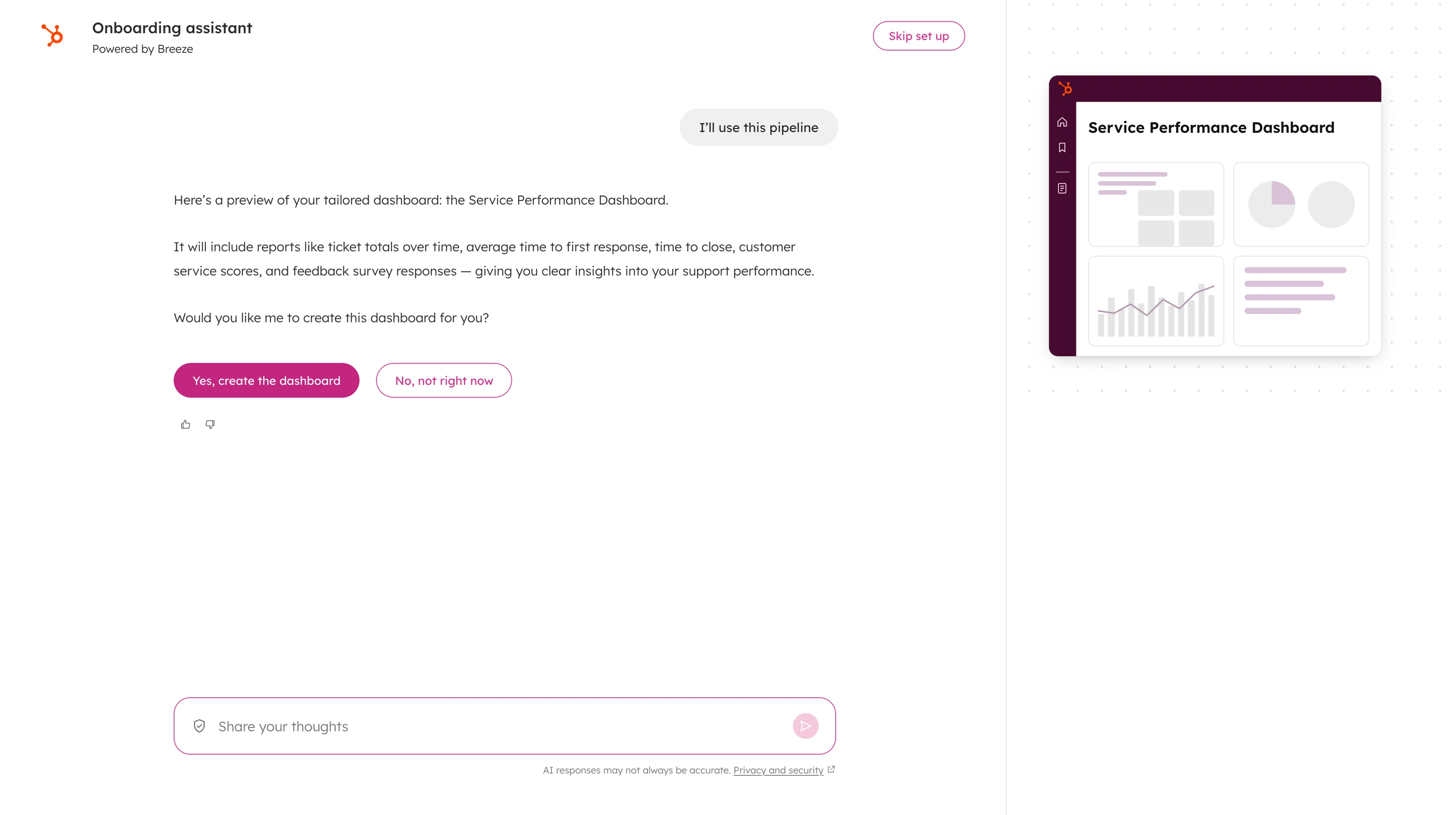 Onboarding assistant previewing a Service Performance Dashboard