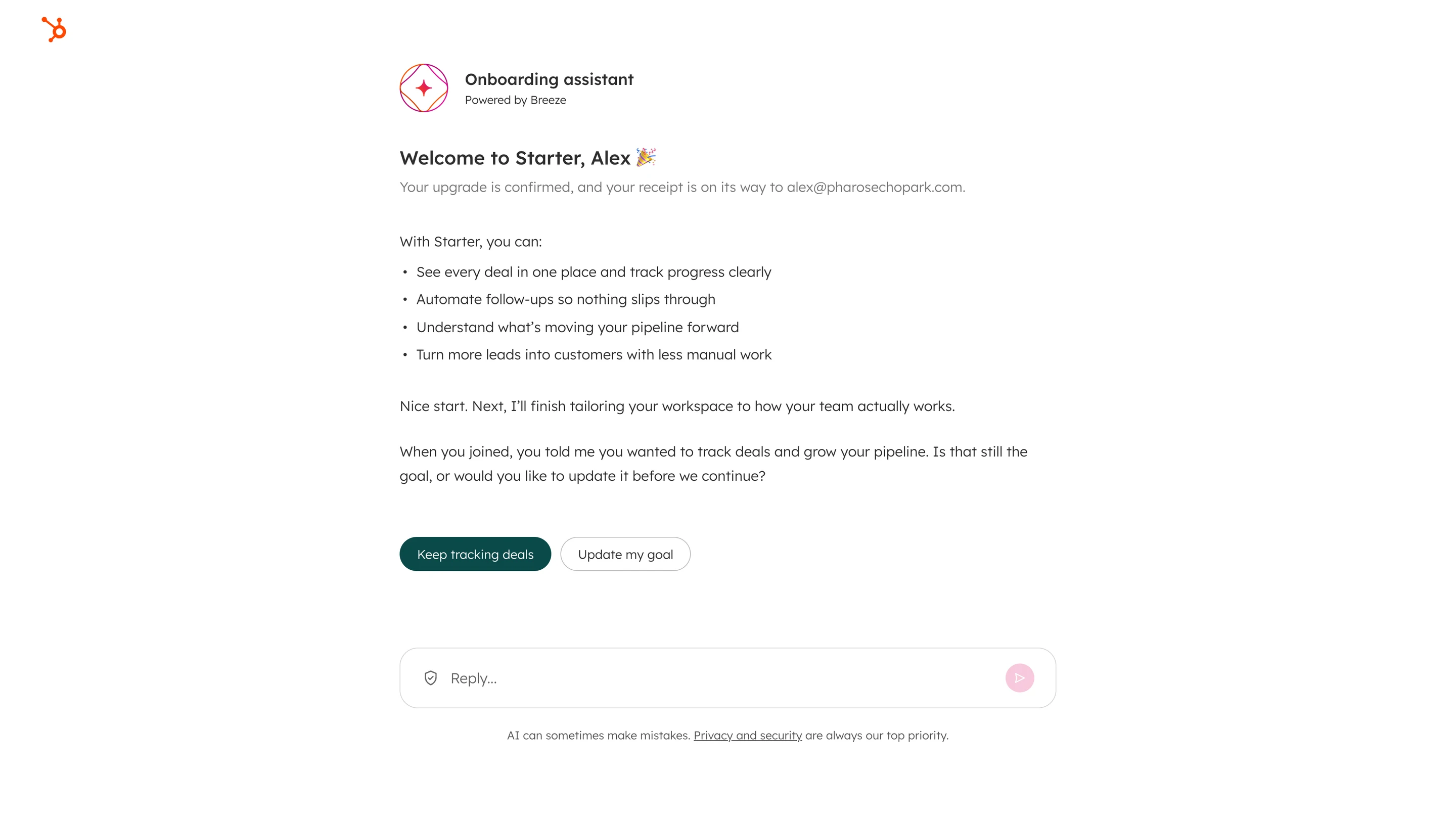 Upgrade welcome screen reconfirming the customer’s earlier goal