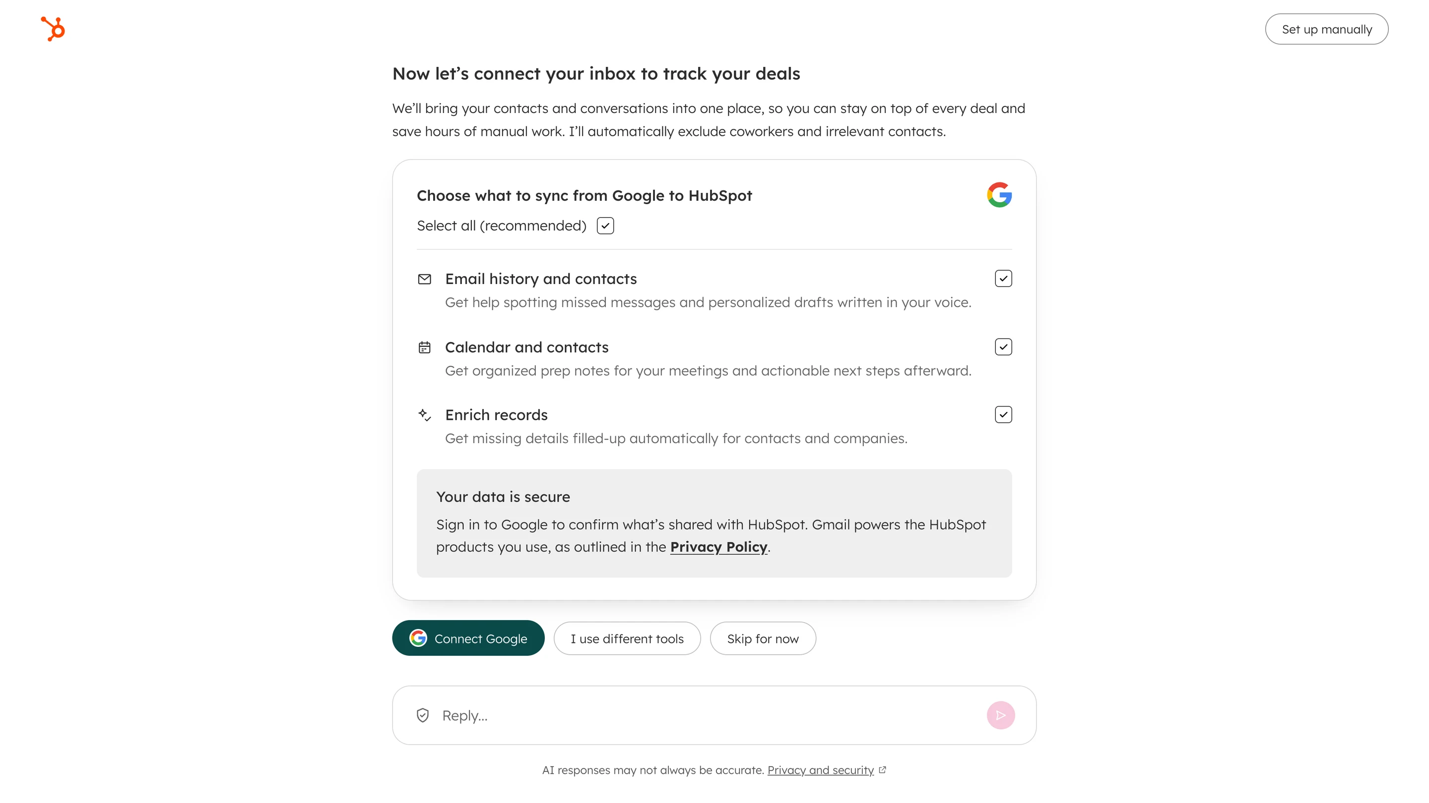 The data sync component in onboarding: choose what to sync from Google, with email, calendar, and enrichment options