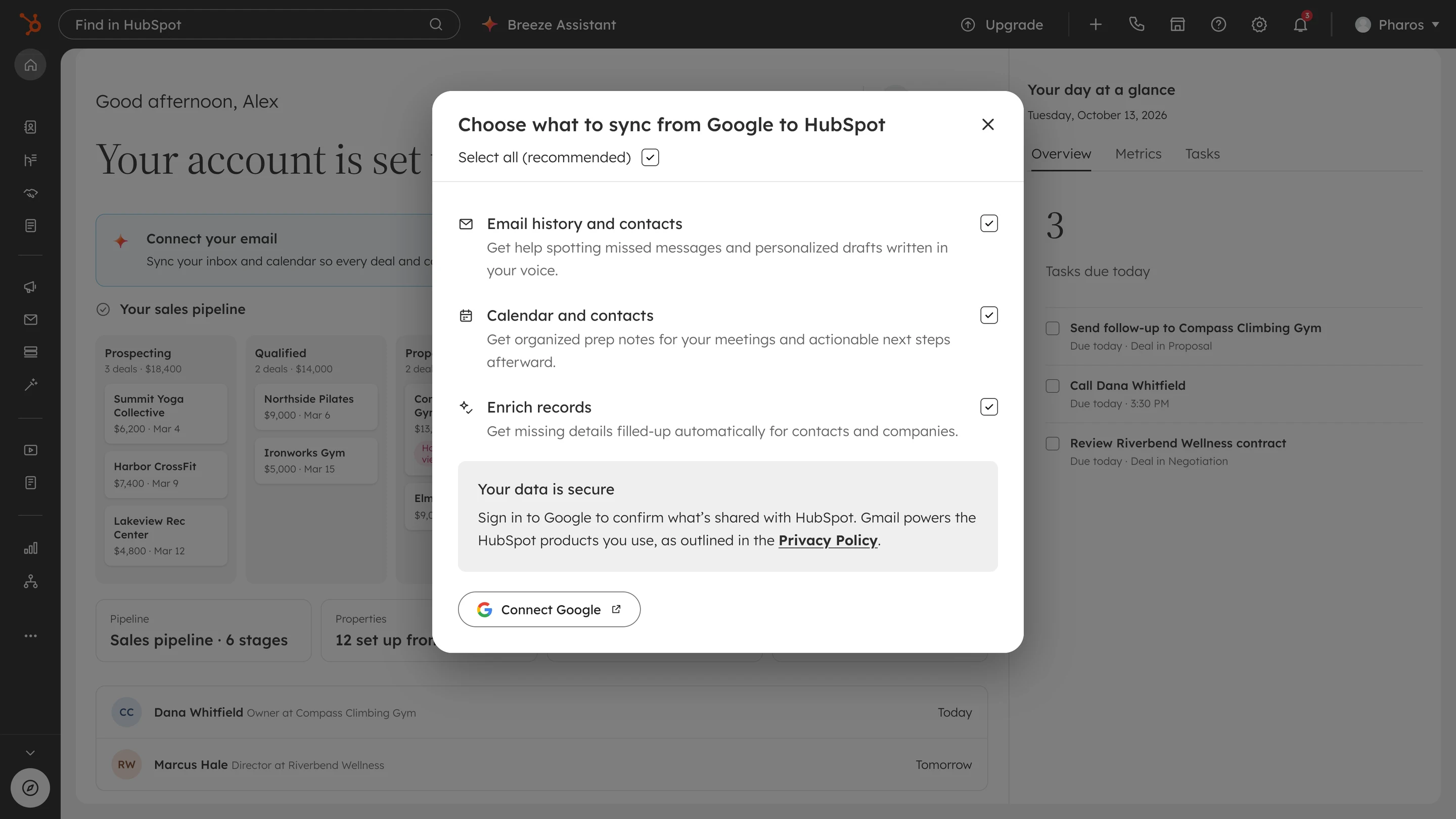 The same data sync component as a modal over Global Home