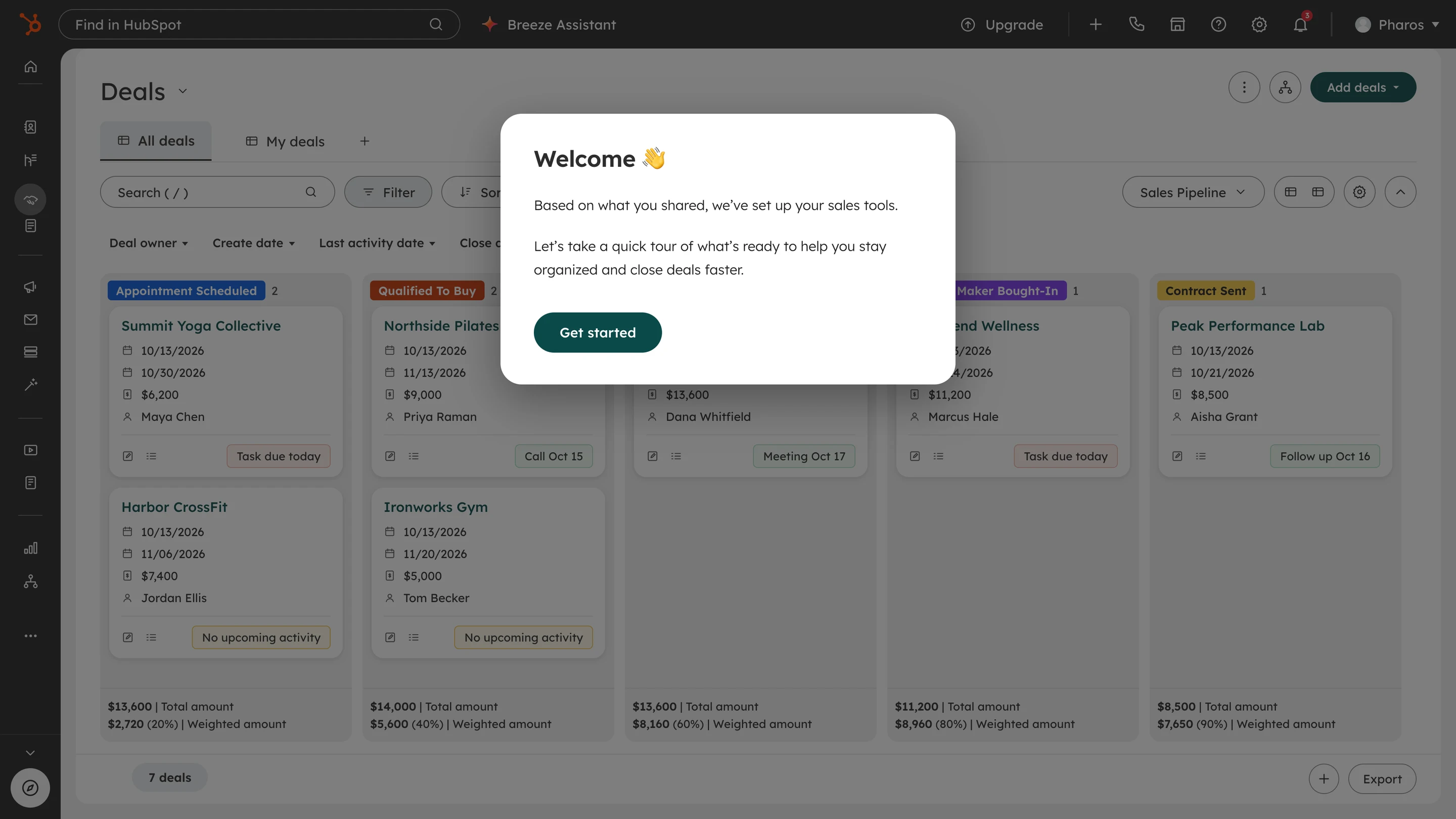 The Deals board after agentic setup, with the sales pipeline stages populated with deals and a welcome modal offering a quick tour