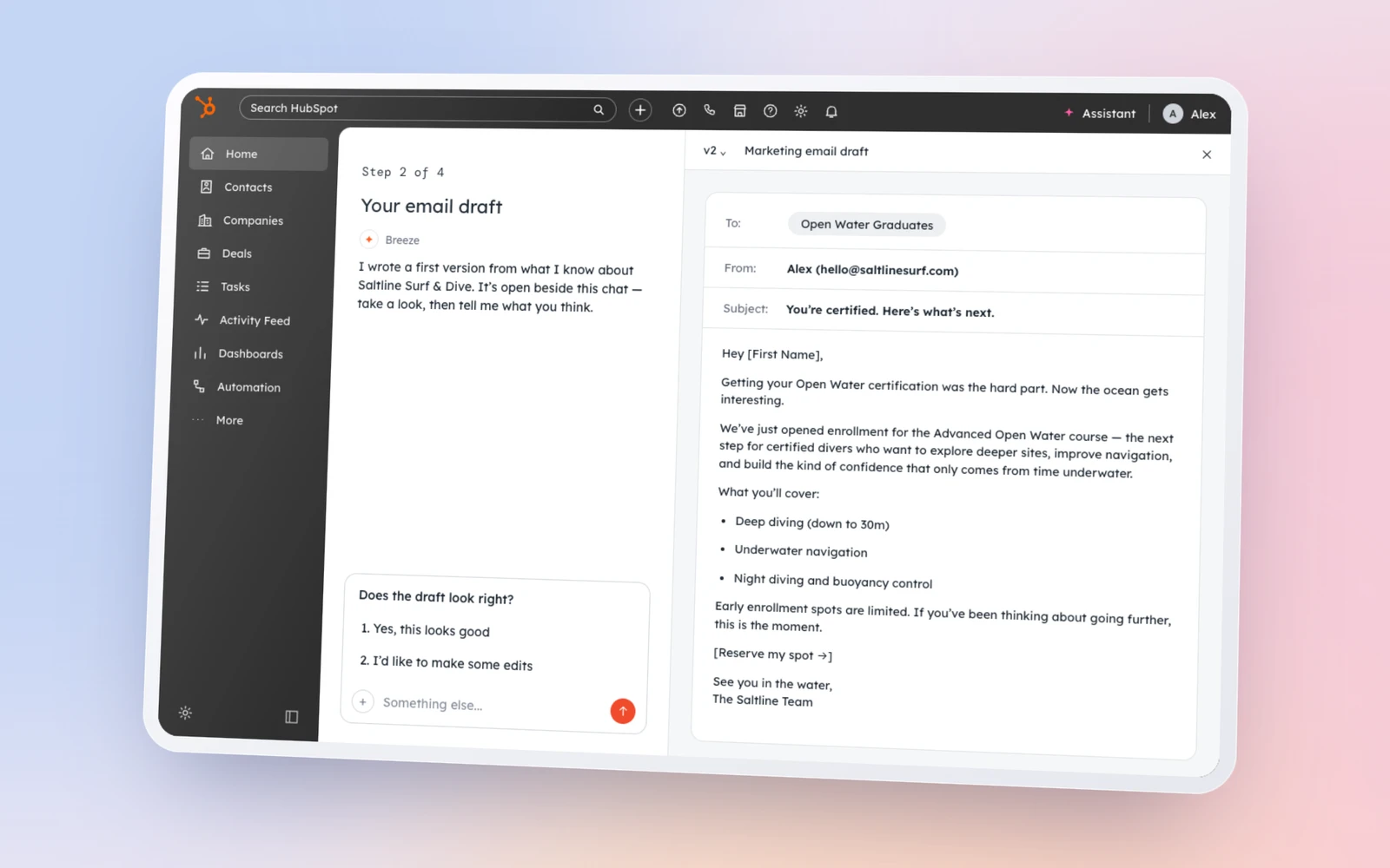A customer finishing a Start Guide task with Breeze, a saved email draft and a next-step card