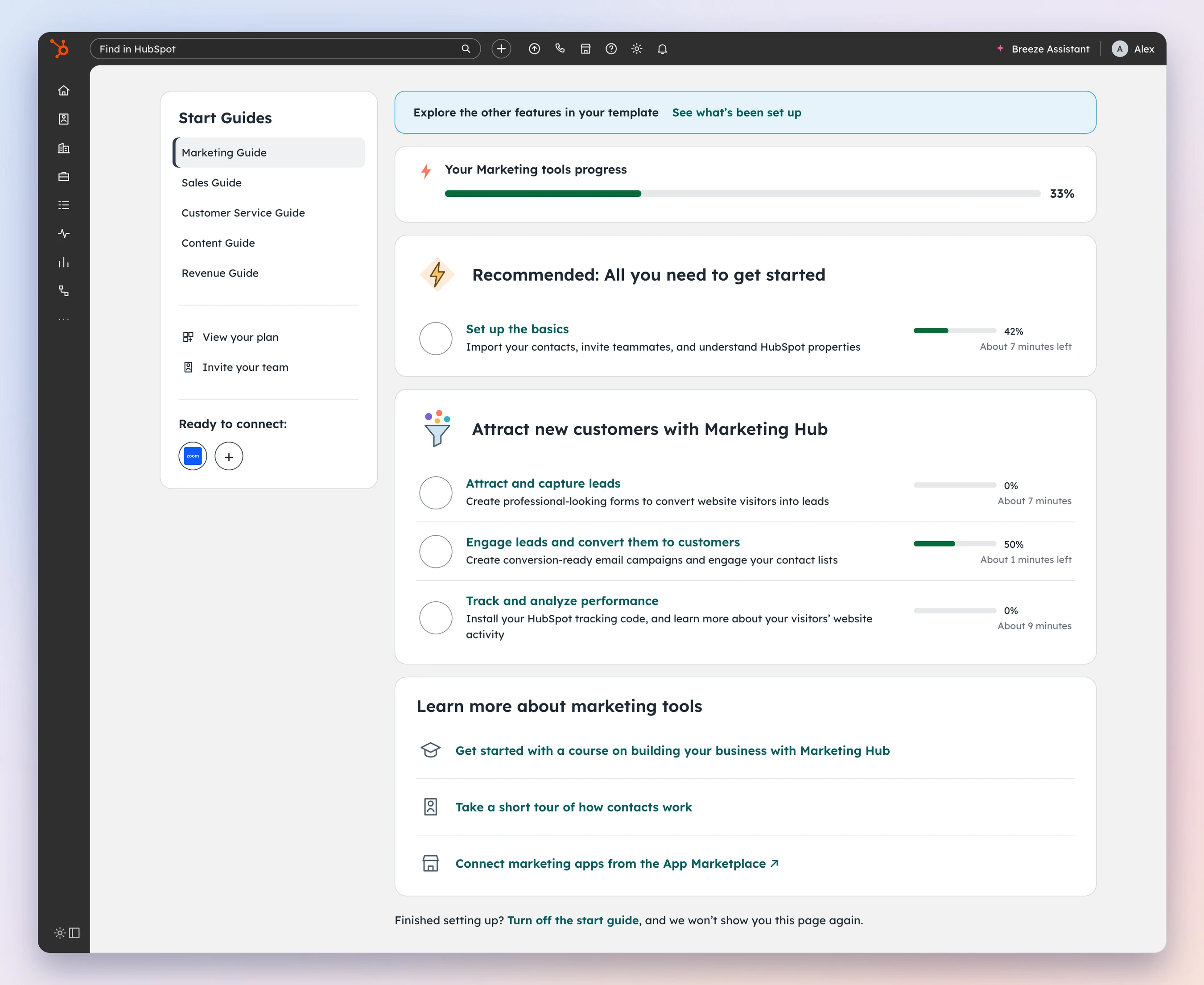 The old Start Guide: a long page of goals, tasks, progress bars and links, with no sign of where to start