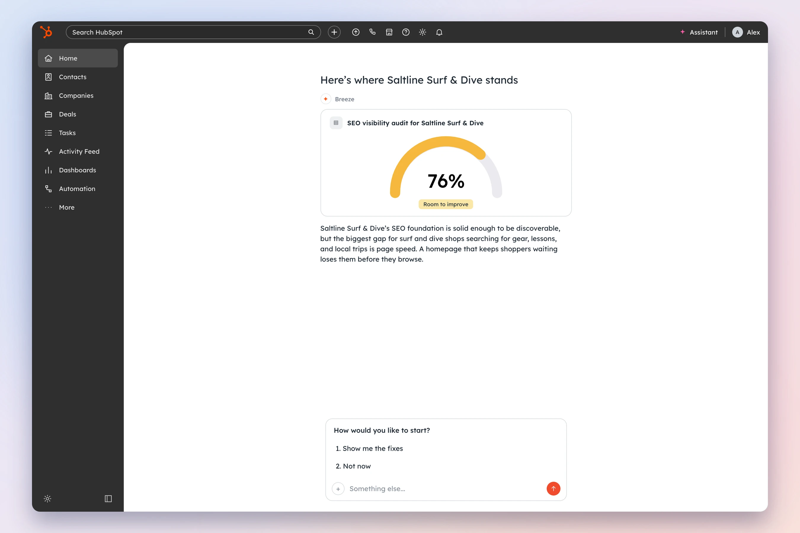 Breeze’s visibility audit for Saltline Surf & Dive: a 76% score, the biggest gap, and the question of which fix to start with