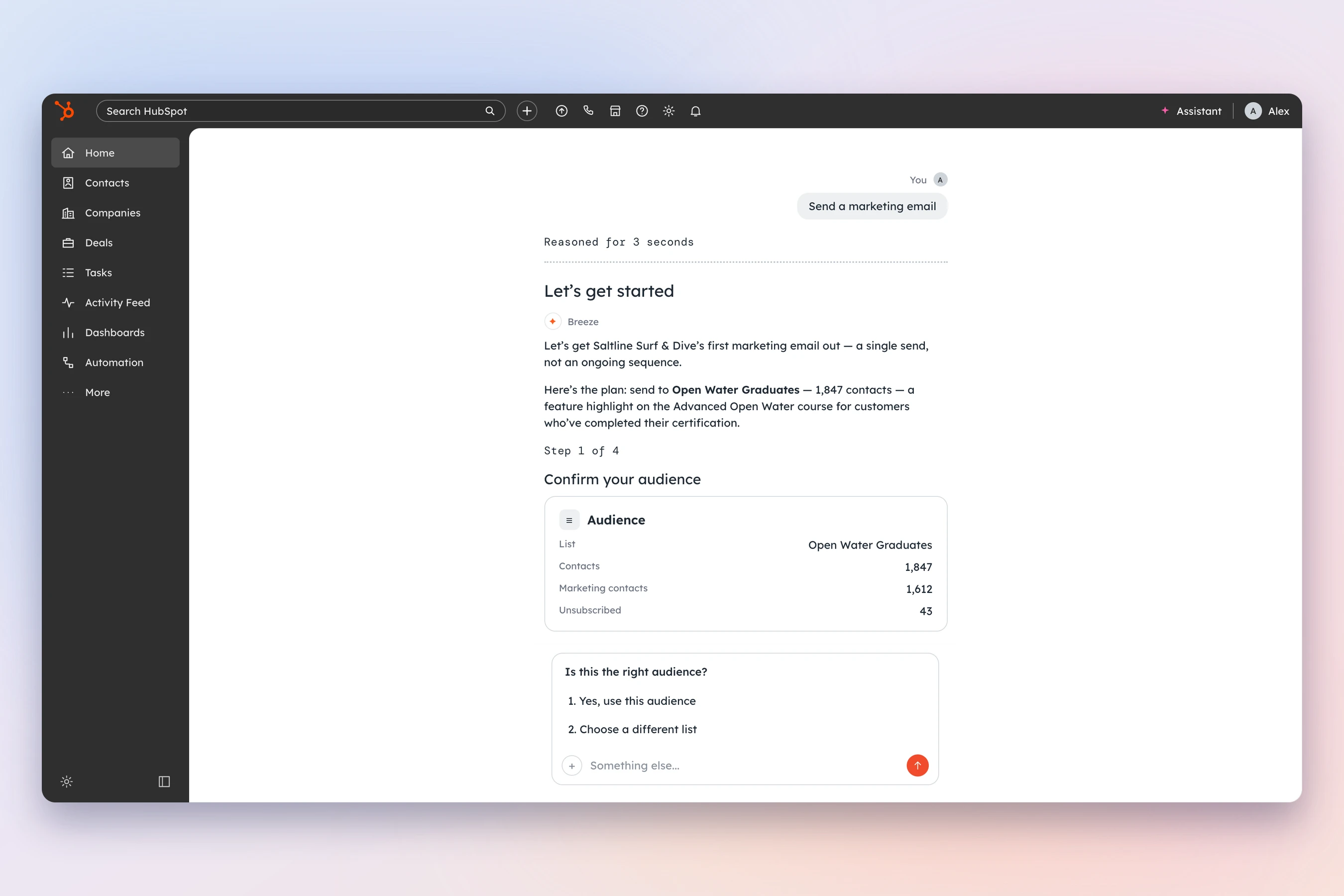 Breeze opens the email task with a plan and the exact list it will use: Open Water Graduates, 1,847 contacts