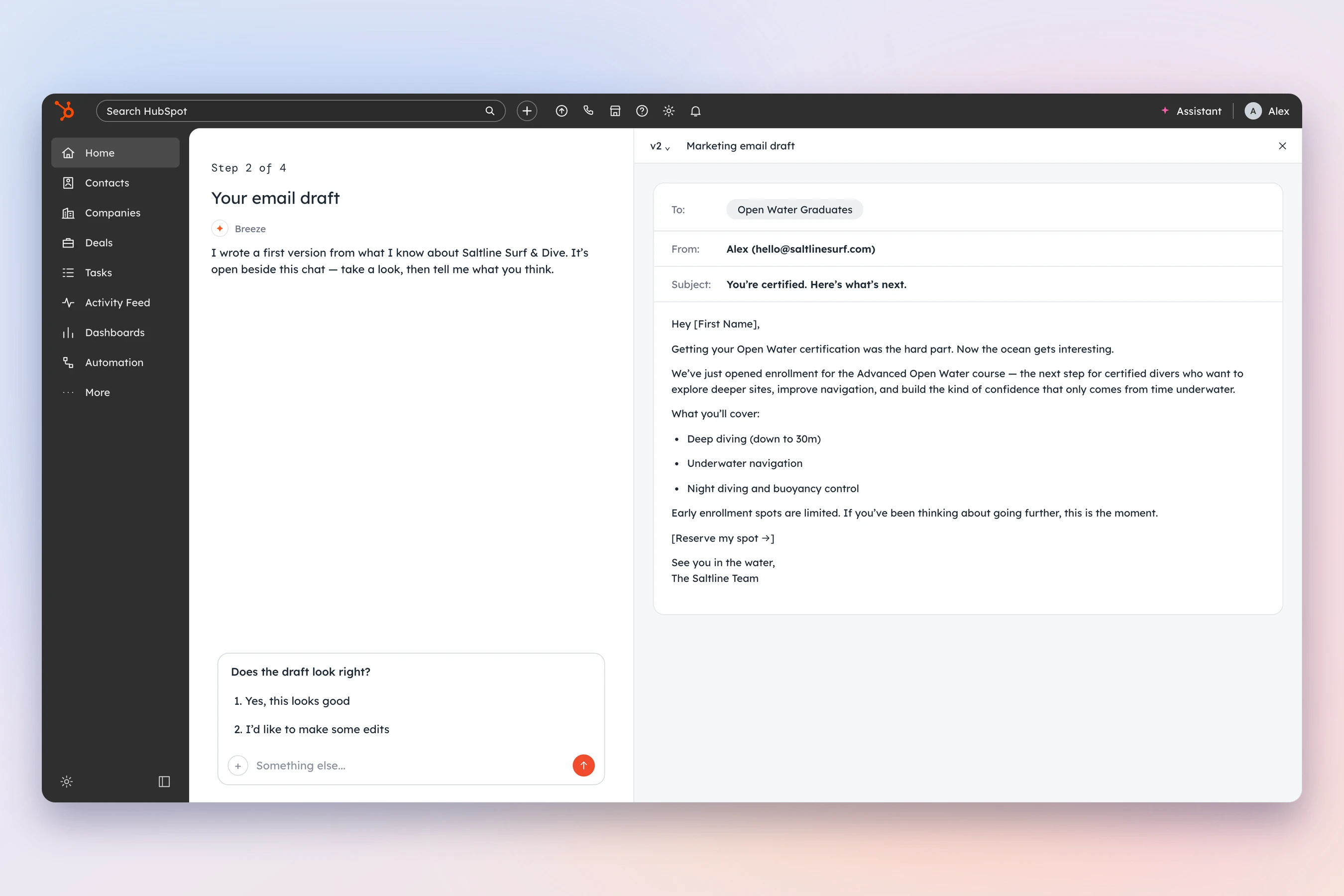 The email draft open beside the chat: recipient, sender, subject and the first lines of the email