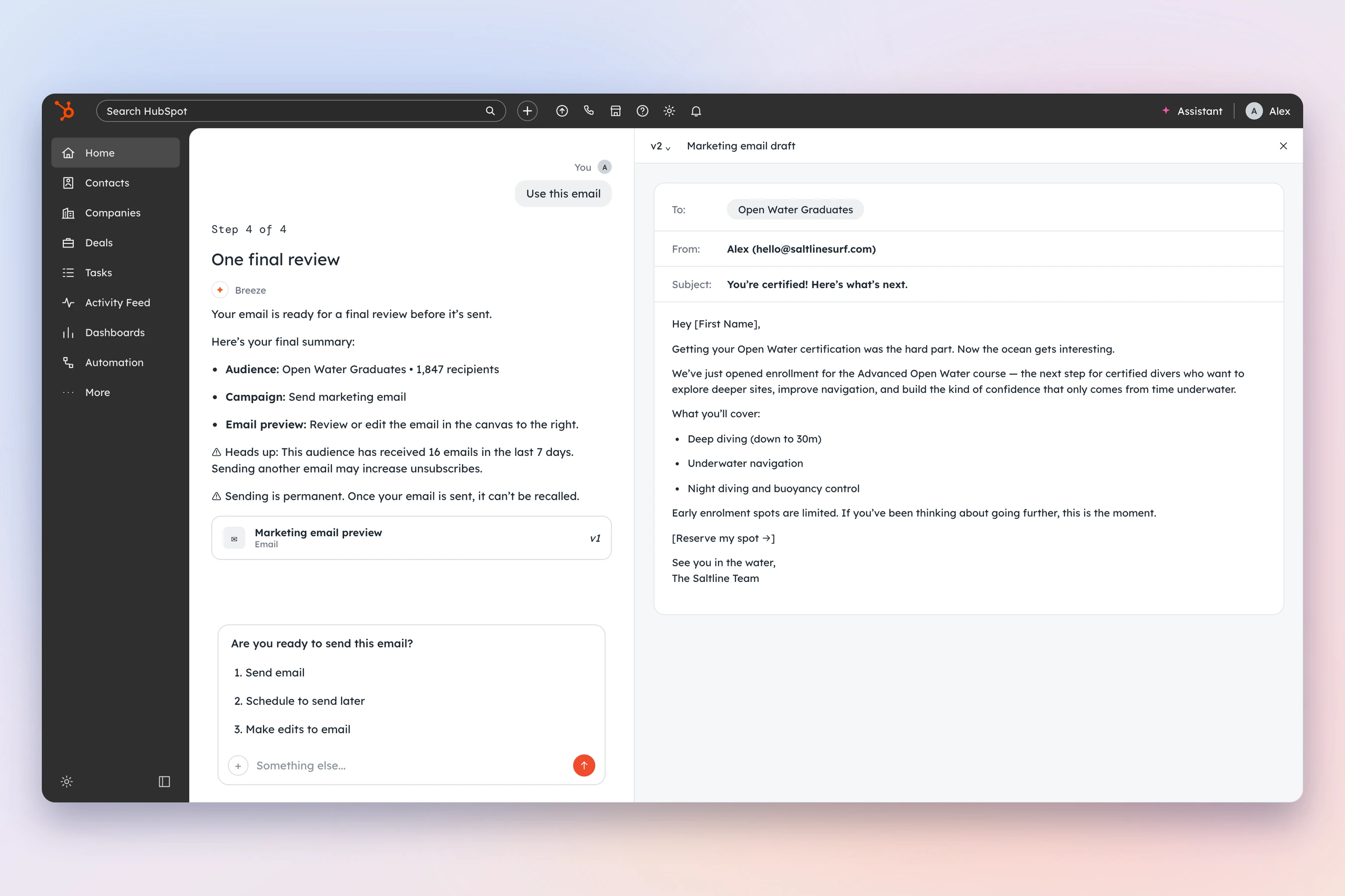 The designed final review: a summary, two warnings, and the question “Are you ready to send this email?” with send, schedule and edit