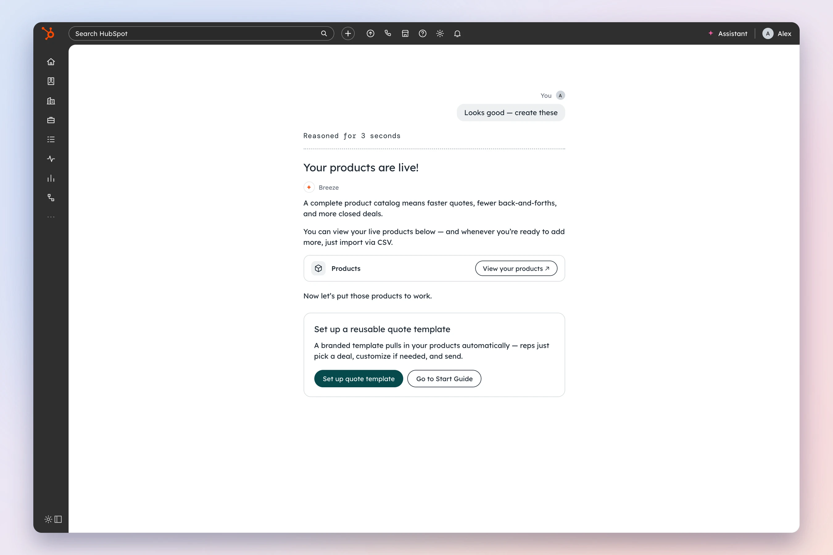 Breeze after creating products: your products are live, with a next-step card for the quote template