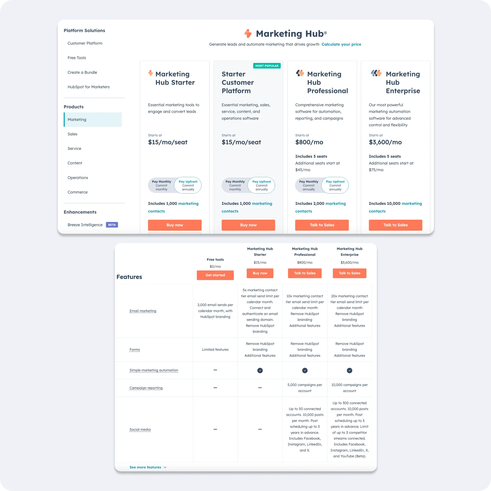 Plan cards above a feature table with 70+ ungrouped features