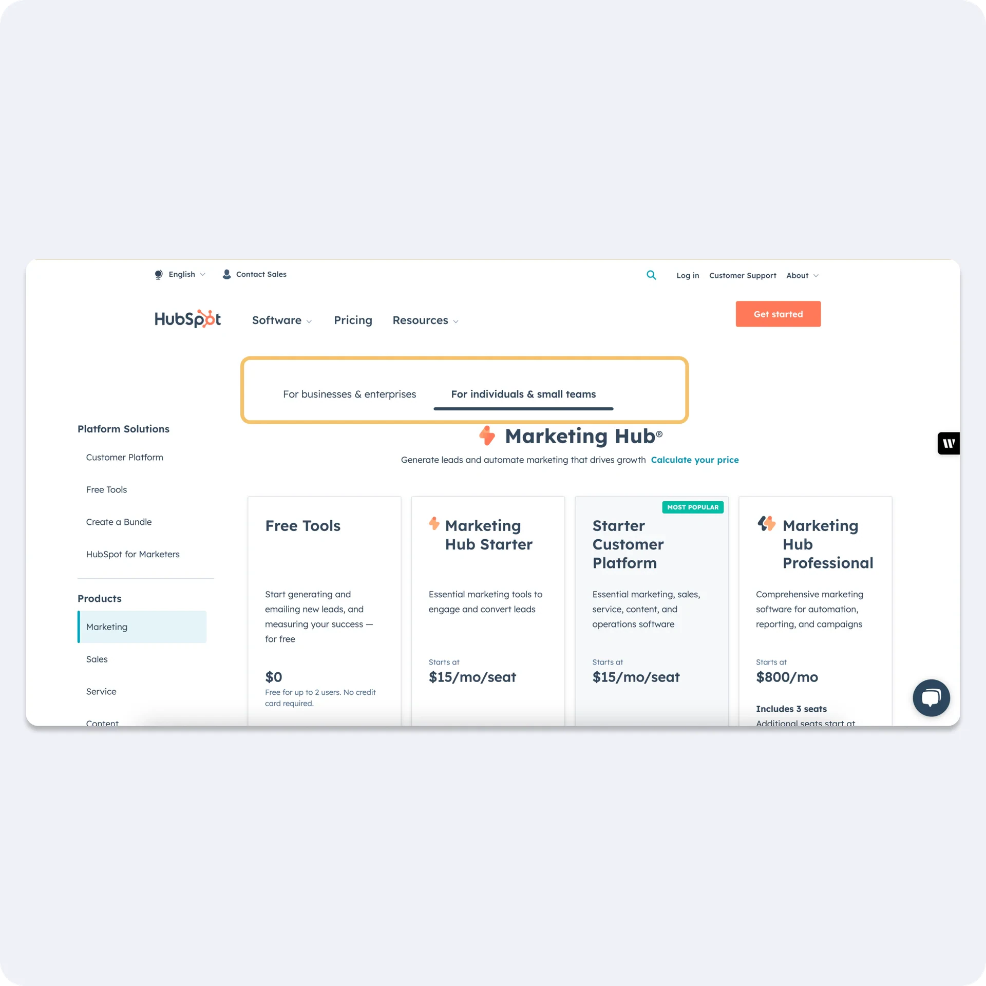 Pricing page with plans split across hub tabs