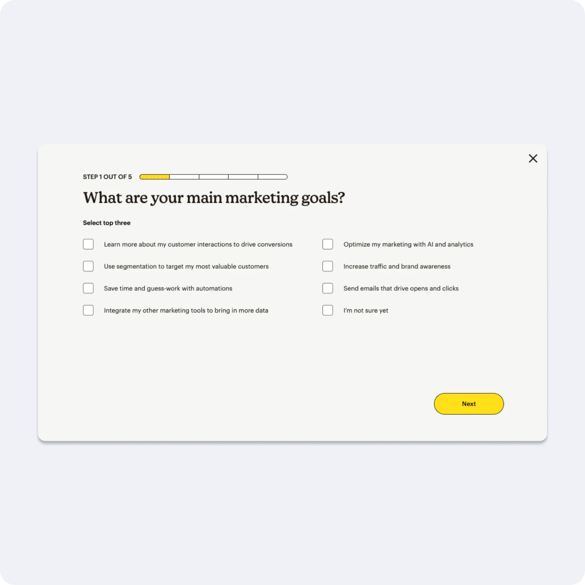 Plan quiz asking about the customer’s main goals