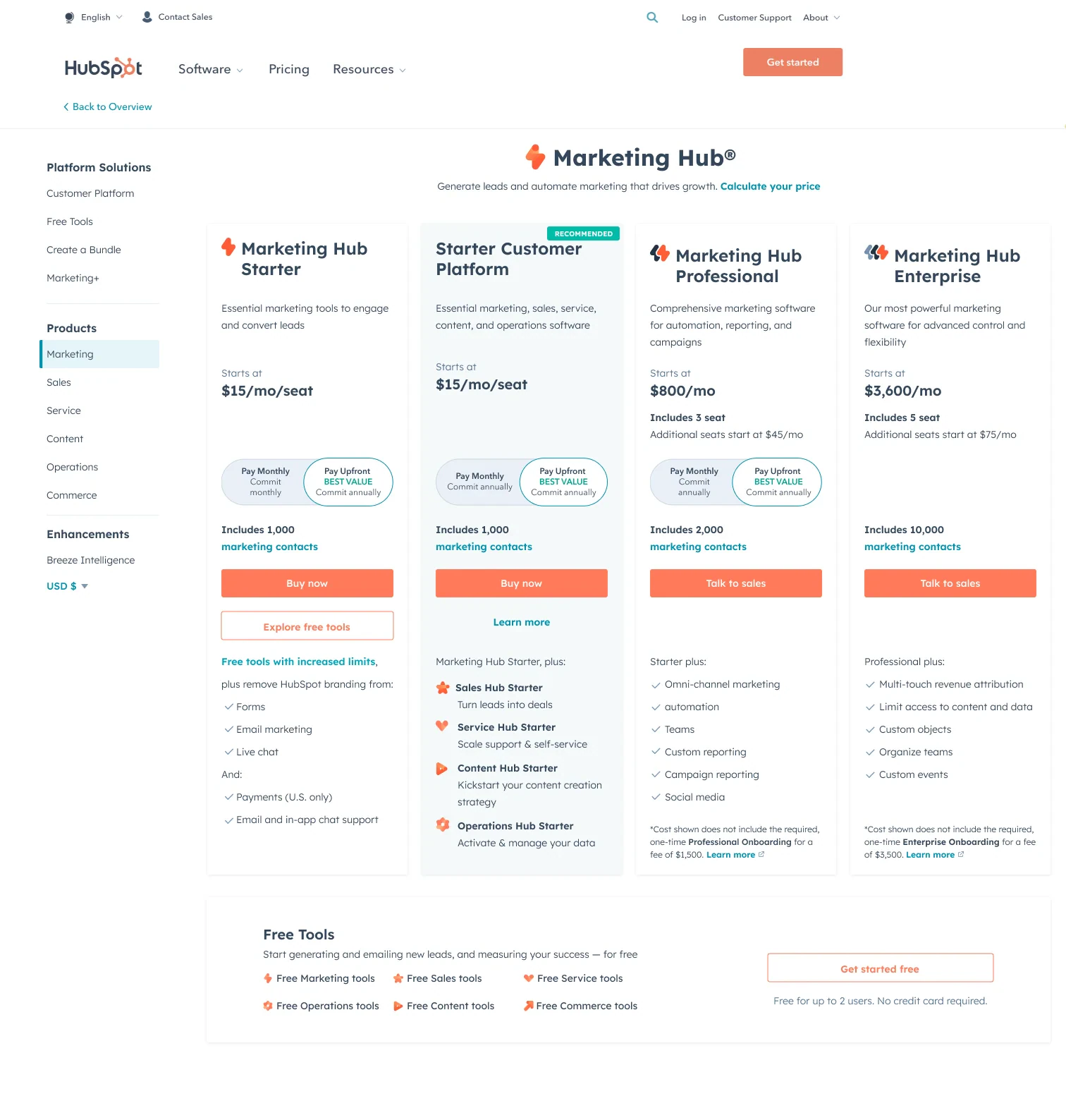 Vision: every plan on one page with starting-at pricing
