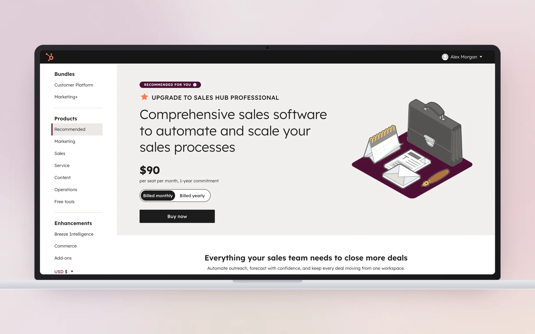 The final recommended-plan page for Sales Hub Professional on a laptop, in the new design system
