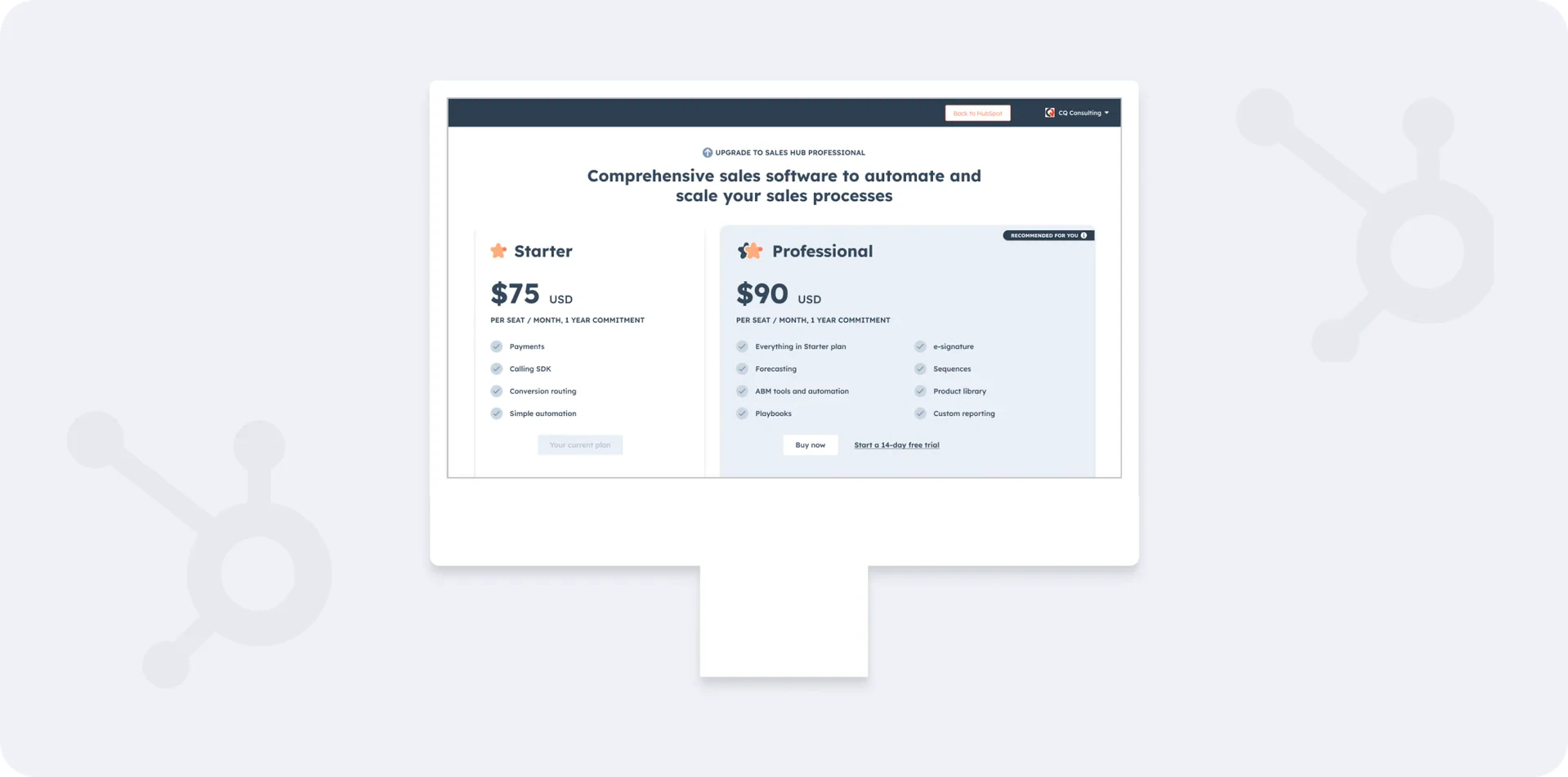 HubSpot pricing page comparing Starter and Professional plans