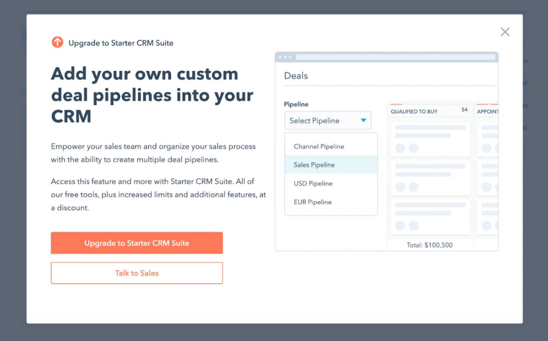 Upgrade modal pitching the Starter CRM Suite after clicking a locked feature