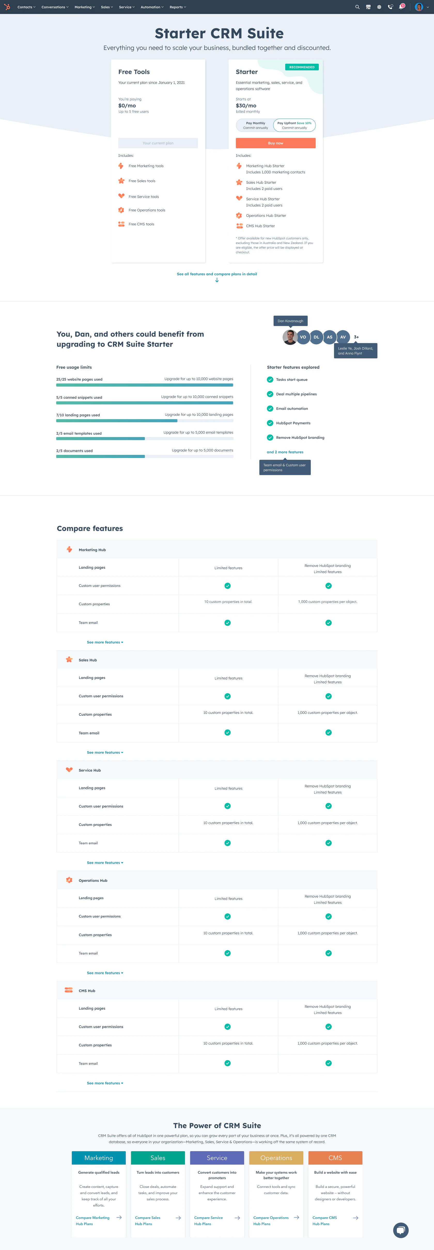 Variant: a single page comparing Free with the Starter CRM Suite