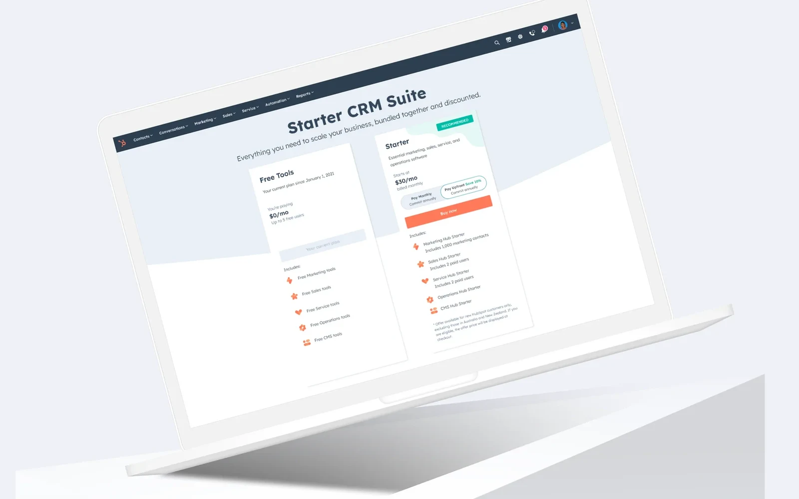 Starter CRM Suite upgrade page comparing the free plan with Starter