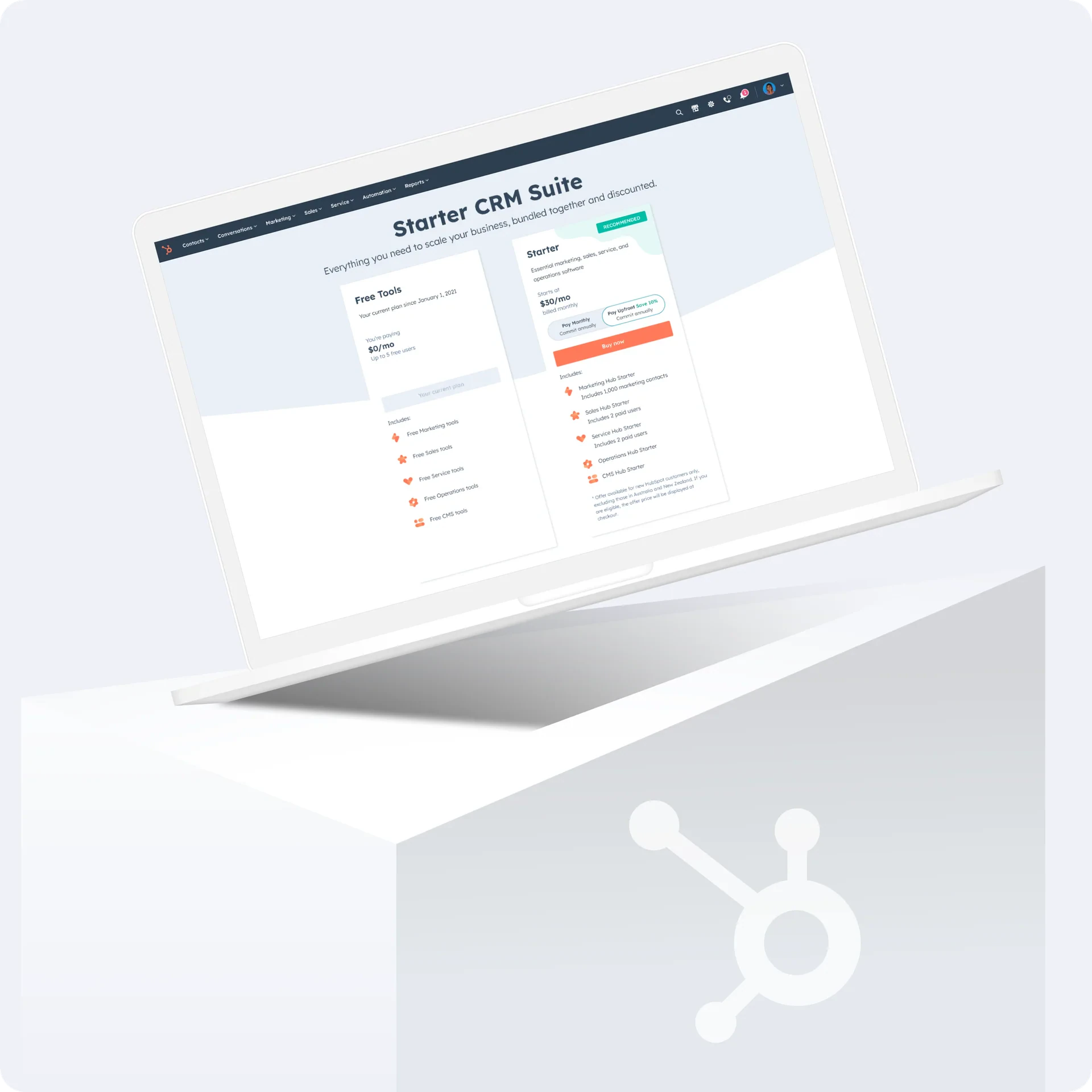 Starter CRM Suite upgrade page comparing the free plan with Starter
