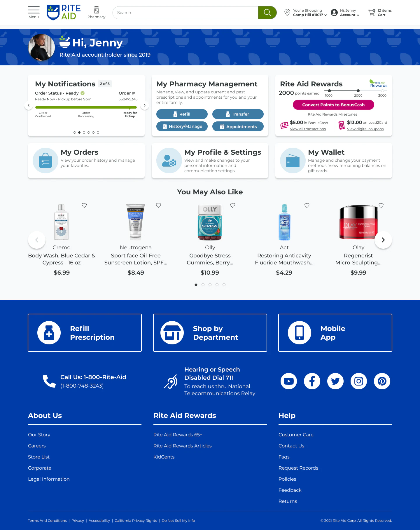 Account dashboard with left navigation