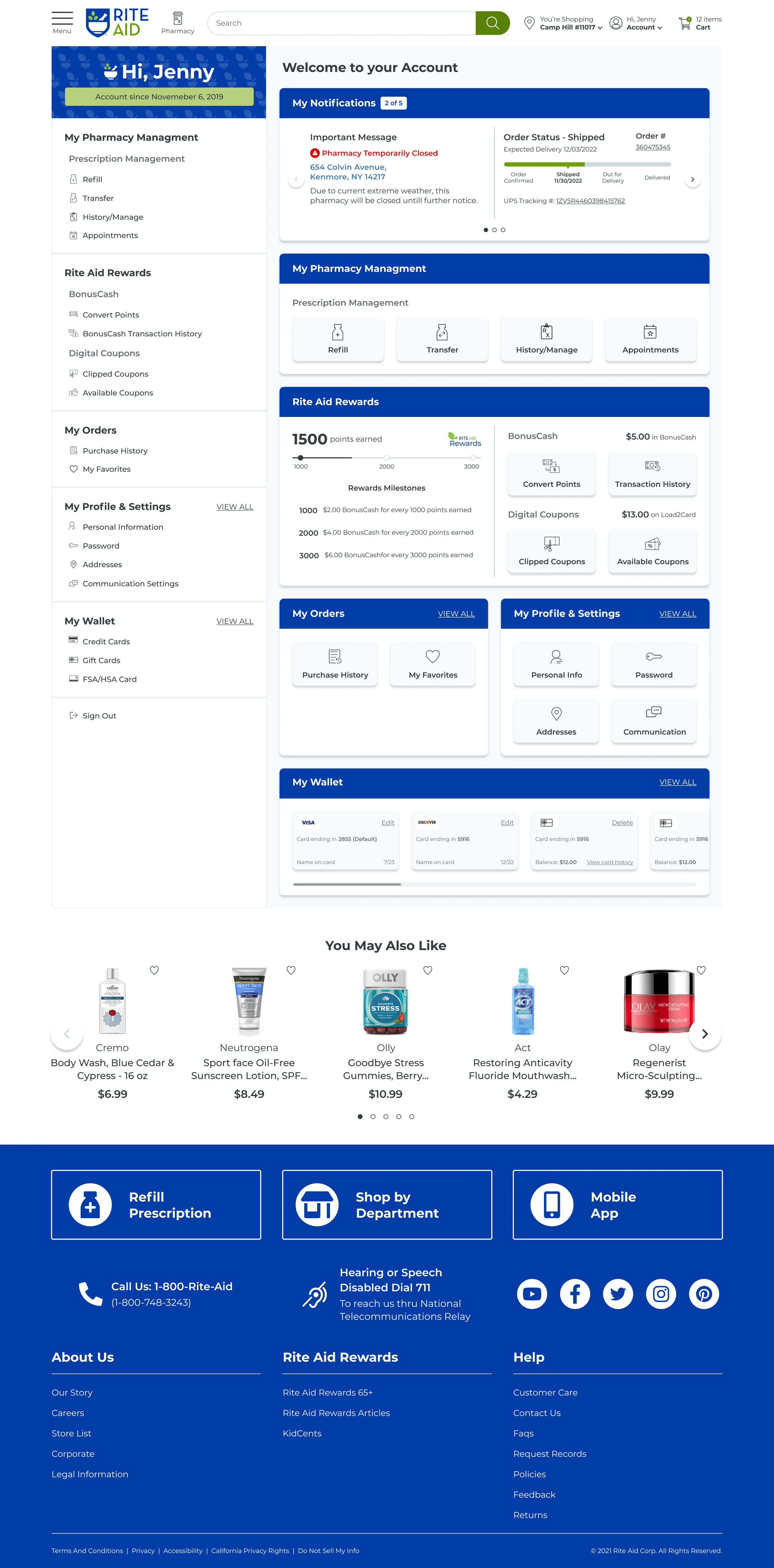 Account dashboard with a card layout