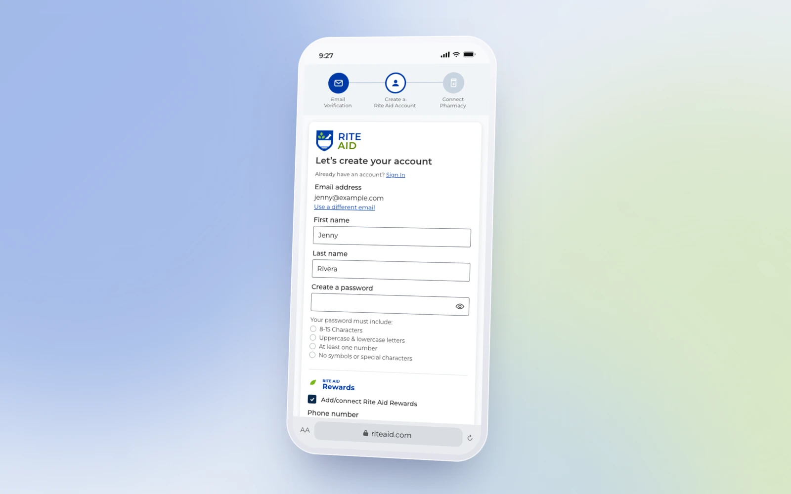 The Rite Aid create-account page on a phone