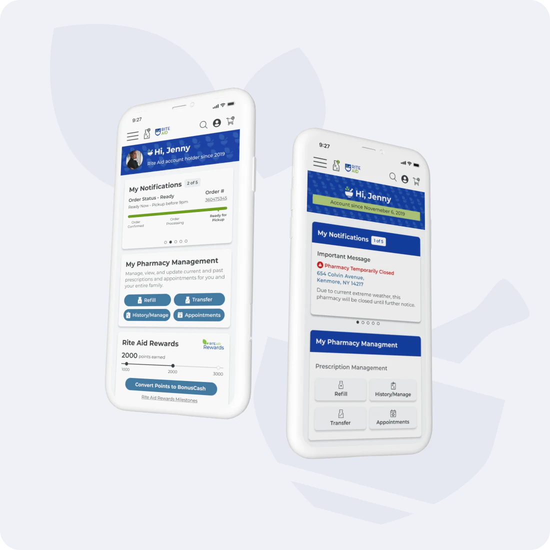 Rite Aid account dashboard and sign-up screens on mobile